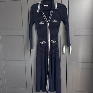 Navy Blue Striped Button-Down Dress